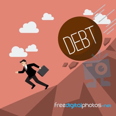 Businessman Running Away From Heavy Debt That Is Rolling Down To… Stock Image