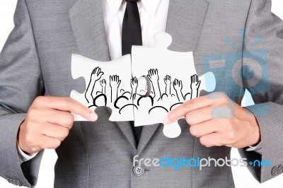Businessman Showing Jigsaw Connect Create People Hand Up Stock Photo