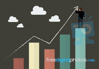 Businessman Standing On Bar Graph Drawing A Growth Chart Stock Image