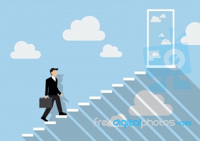 Businessman Stepping Up A Staircase To The Real Sky Stock Image