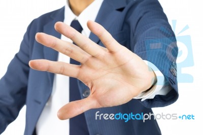 Businessman Stop Sign Hand Gesture On Tilt View Stock Photo