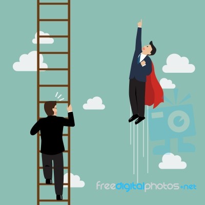 Businessman Superhero Fly Pass Businessman Climbing The Ladder Stock Image Businessman Superhero Fly Pass Businessman Climbing The Ladder Stock Image