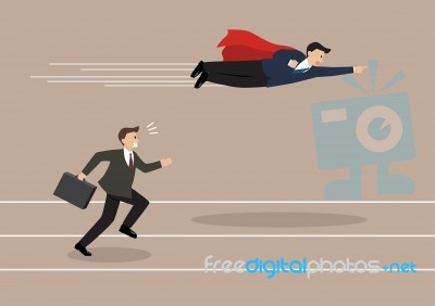 Businessman Superhero Fly Pass His Competitor Stock Image