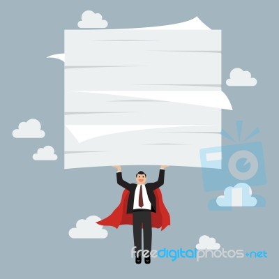 Businessman Superhero Flying And Lifting A Lot Of Documents Stock Image