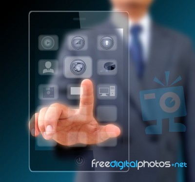 Businessman Touching Screen On Modern Mobile Smart Phone Stock Photo