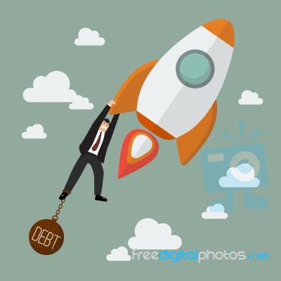 Businessman Try Hard To Hold On A Rocket With Debt Burden Stock Image