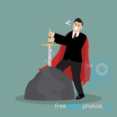 Businessman Try To Pull Sword From Stone Stock Image