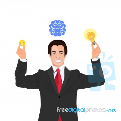 Businessman Under Brain And A Light Bulb Stock Image