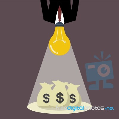 Businessman With A Light Bulb Head Glow To The Money Bags Stock Image