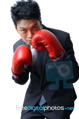 Businessman With Boxing Glove Ready To Fight With Work, Business… Stock Photo