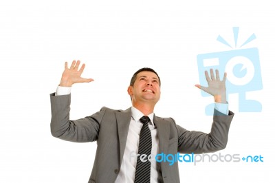 Businessman With Hands Up Stock Photo