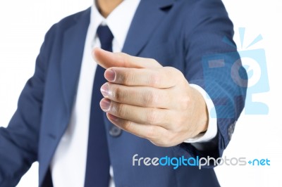 Businessman With Holding Hand Gesture Isolated On White Stock Photo
