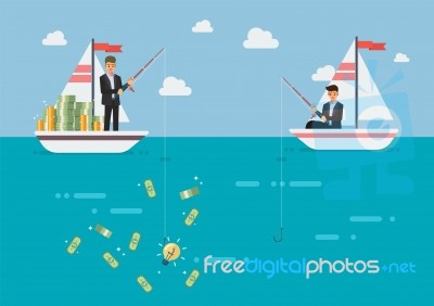 Businessman With Idea Fishing More Money Than His Competitor Stock Image