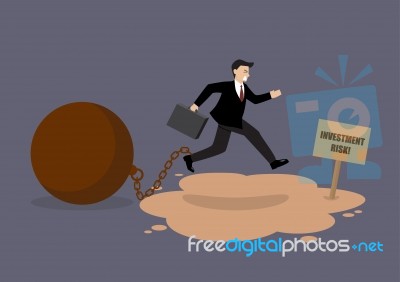 Businessman With The Weight Jumping Over The Quicksand Stock Image