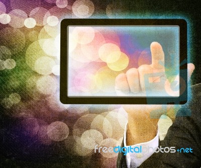Businessmans Hand Pressing Button On A Touch Screen Stock Image