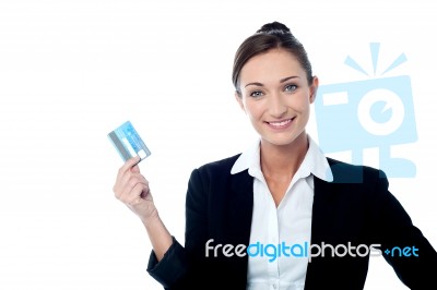 Businesswoman Displaying Her Cash Card Stock Photo