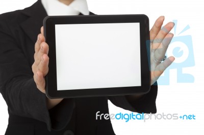 Businesswoman Is Showing Digital Tablet Screen Stock Photo