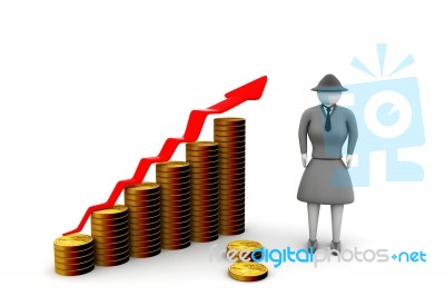 Businesswoman Standing Next To Gold Coins Chart Stock Image