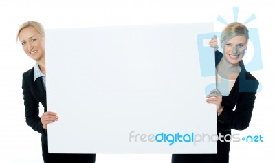 Businesswomen Presenting Banner Ad Stock Photo