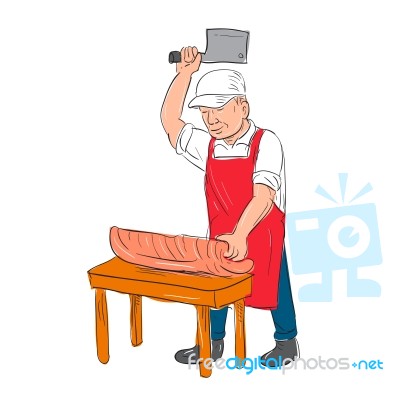 Butcher Cutting Meat Cartoon Stock Image