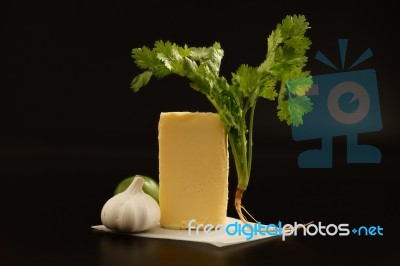 Butter Herb Coriander Garlic Lemon Black Background Stock Photo