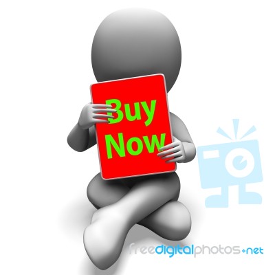 Buy Now Character Tablet Showing Buying And Purchasing Immediate… Stock Image