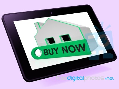 Buy Now House Tablet Means Express Interest Or Make An Offer Stock Image