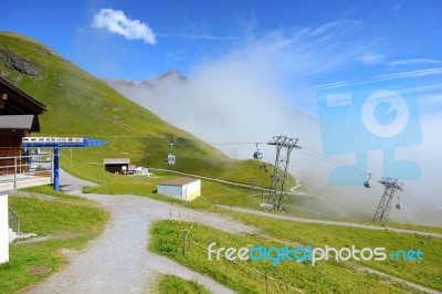 Cabel Cars Go To First Station, Grindelwald Switzerland Stock Photo