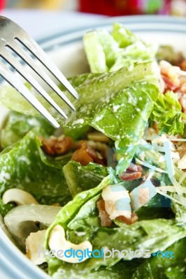 Caesar Salad With Fork Stock Photo