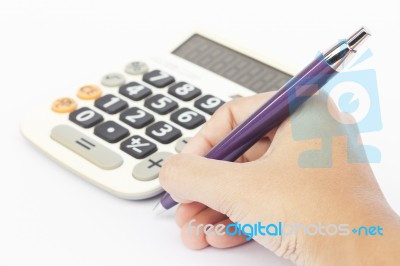 Calculator With Hand Isolated On White Background Stock Photo