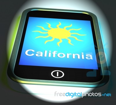California And Sun On Phone Displays Great Weather In Golden Sta… Stock Image