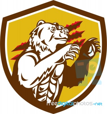 California Grizzly Bear Smirking Claw Marks Crest Retro Stock Image