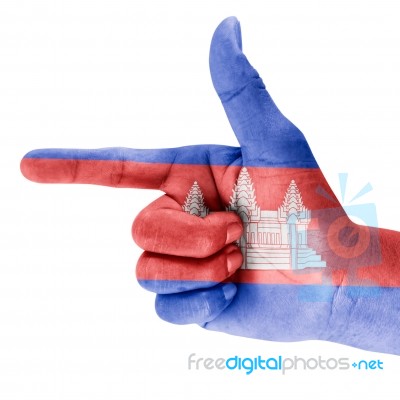 Cambodia Flag On Shooting Hand Stock Photo