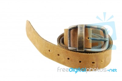 Camel/brown Leather Belt On White Stock Photo