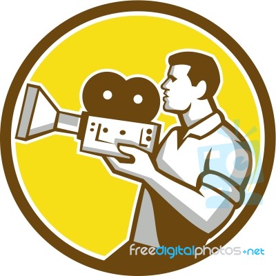 Cameraman Cradling Vintage Movie Camera Circle Retro Stock Image