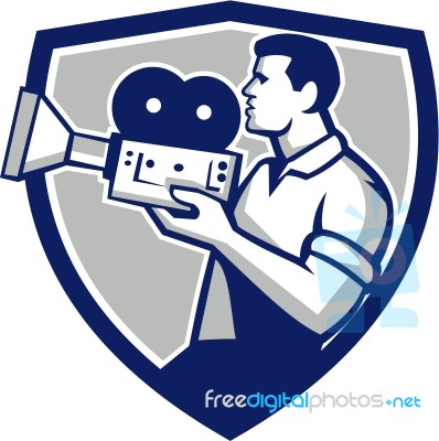 Cameraman Cradling Vintage Movie Camera Crest Retro Stock Image