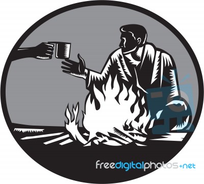 Camper Campfire Cup Of Coffee Circle Woodcut Stock Image