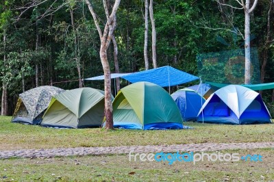 Camping Tent In The Mountains Stock Photo