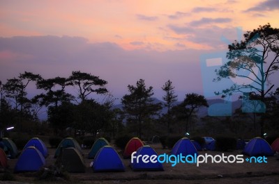 Camping With Beautiful Sunset Stock Photo