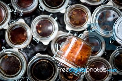 Canned Homemade Confitura Of Sauce Stock Photo