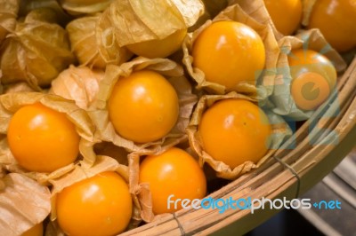 Cape Gooseberry In Bamboo Basket Stock Photo