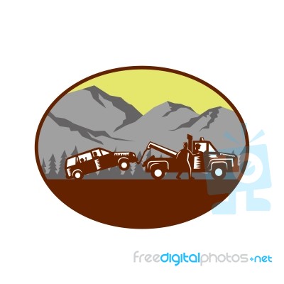 Car Being Towed Away Mountains Oval Woodcut Stock Image