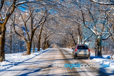 Car On Road In Winter, Seoraksan In South Korea Stock Photo