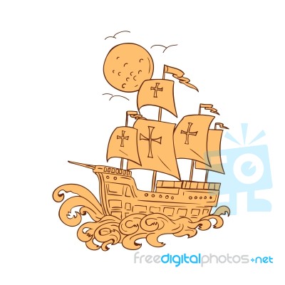 Caravel Sailing Ship Moon Drawing Stock Image