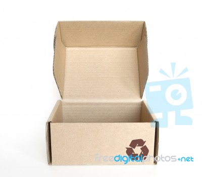 Cardboard Box With Recycle Logo Stock Photo