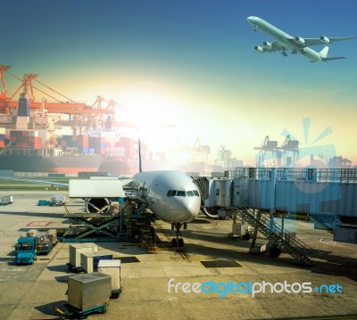 Cargo Plane Loading Commercial Goods Against Large Logistic ,shipping Port Background Stock Photo