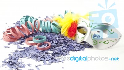 Carnival Mask, Confetti And Streamers Stock Photo