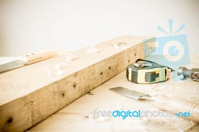 Carpenter Tools On Wood Table Stock Photo