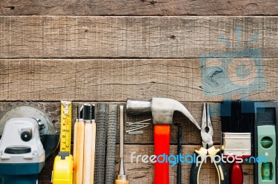 Carpentry Tools Equipment On Grain Wood On Top View Stock Photo