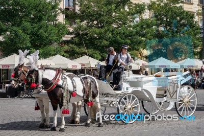 Carriage And Horses In Krakow Stock Photo